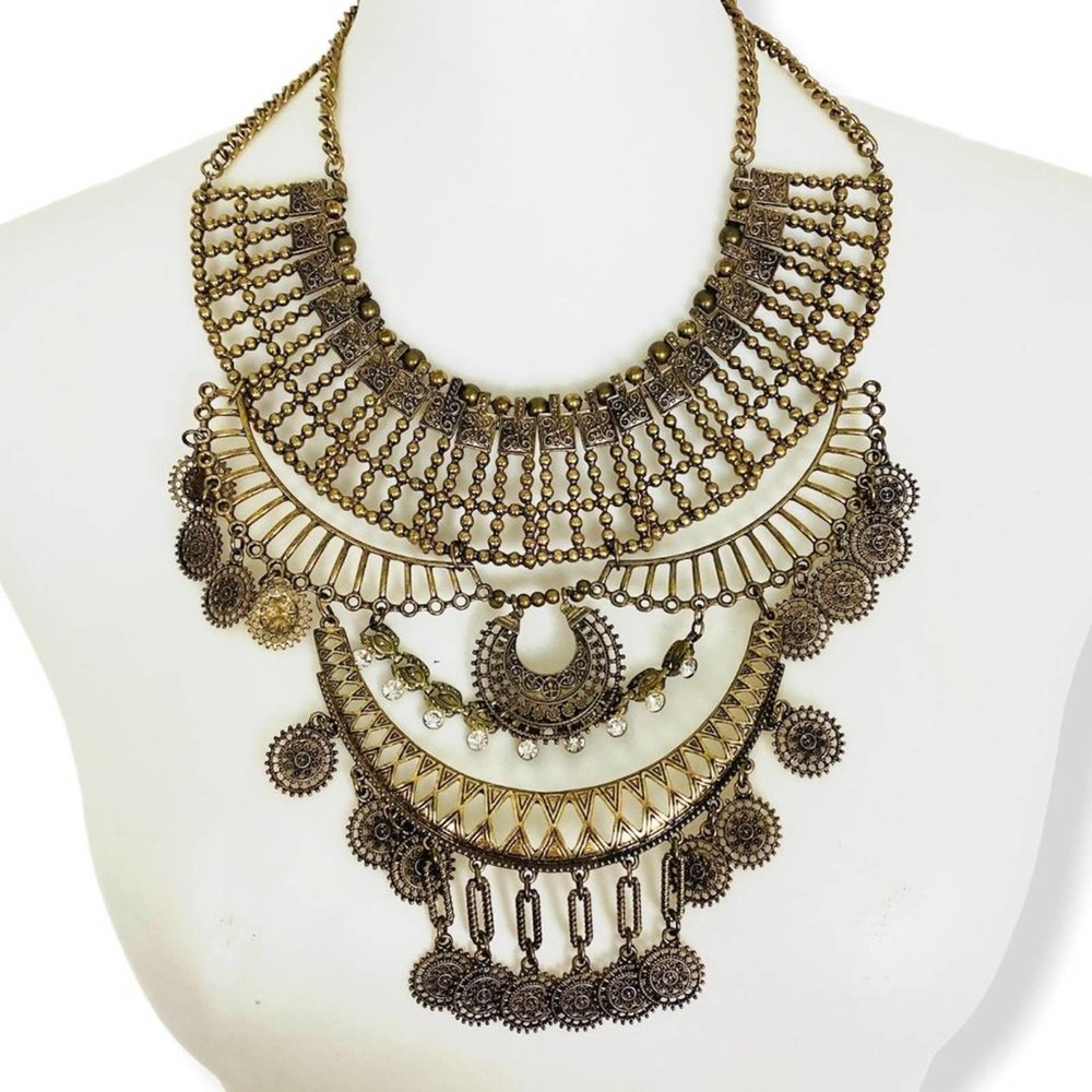 Boho Metal Statement Bib Necklace Burnished Gold Mutli-Dangle Large